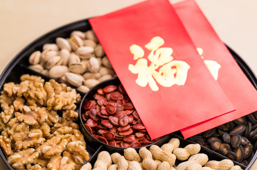 Nuts and seeds in the Tray of Luck for Chinese New Year